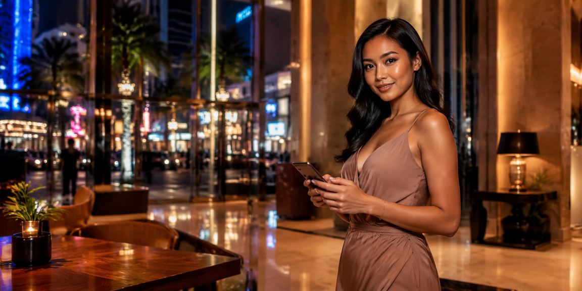Pemain Malaysia bermain Blackjack di telefon pintar dalam suasana kasino moden Kuala Lumpur
